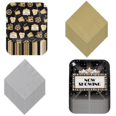 Imagem de HOME & HOOPLA Artigos para festa noturna de cinema – Mistura de pratos de papel com tema de filme e guardanapos de festa em tamanhos de jantar e sobremesa (32 pratos e 32 guardanapos incluídos)