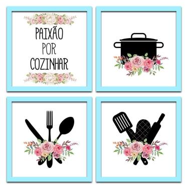 Imagem de Conjunto Quadros Decorativos 4pç 20x20 Paixão Por Cozinhar 2 Titulos Moldura Azul