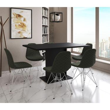 Imagem de Mesa Jantar Londres Retangular Preta 137X90Cm 6 Cadeiras Estofadas Verde Ferro Branco