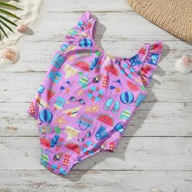 Imagem de Roupa De Praia Infantil Menina Maiô Estampado Forrado Com Proteção Sol