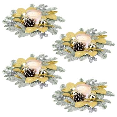 Imagem de Guirlandas de anéis de vela de Natal, guirlandas pequenas de 20 cm para armário de cozinha com bolas, pinhas, agulhas de pinheiro e frutas silvestres para decoração de mesa de Natal em casa (4, ouro)