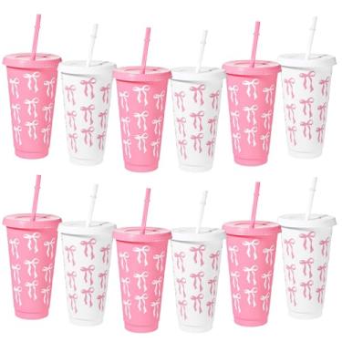 Imagem de Lemecima 12 peças de copos de plástico de 680 g com tampas e canudos, presente a granel, xícaras de café, copo de café, decoração de aniversário, casamento, chá de bebê, suprimentos de festa (laço