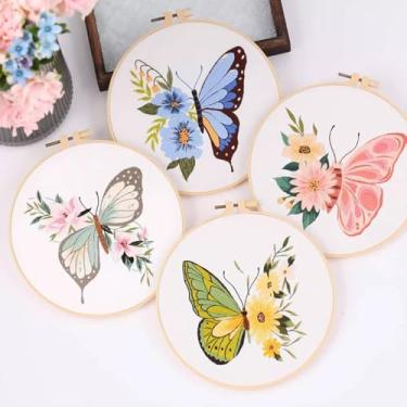 Imagem de Huacan Kits de bordado para adultos, iniciantes, 4 peças, estampa de borboletas e flores, kit de costura faça você mesmo, 19 x 19 cm
