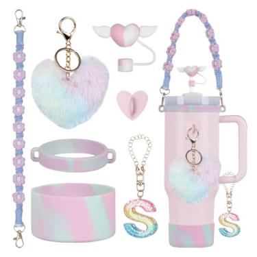 Imagem de Rabrgab Conjunto de 7 peças de acessórios para copo Stanley com alça, decoração de copo feminino para meninas para 1,134 g, 850 g, 590 g, incluindo topo de palha de coração, pingentes de coração, bota