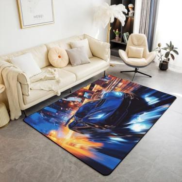 Imagem de Erosebridal Tapete de carro de corrida para meninos, tapete de carro de corrida azul marinho legal, 1,78 m x 90 cm para crianças, meninos, tapete lavável decorativo para jogos de esportes radicais