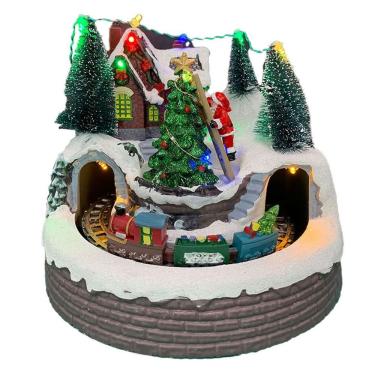 Imagem de Cenario Vila Natalina Natal Papai Noel Trem Movimento Enfeite Musical Led Arvore De Natal Pinheiro Neve Festa Fim De Ano
