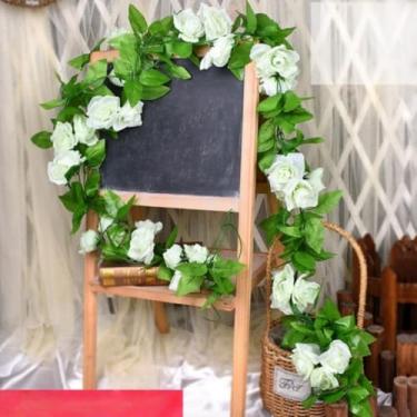 Imagem de Flores artificiais - flor de seda com hastes rosa branca arranjos florais falsos para casa de banho escritório mesa centro de mesa prateleira decoração de casamento