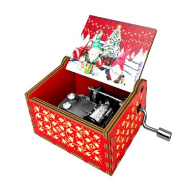 Imagem de AOCEAN Caixa de música de Natal caixa de música com manivela de madeira esculpida caixas de música decoração presente de Natal para crianças (vermelha)