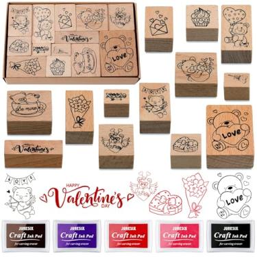 Imagem de Woanger 15 carimbos de borracha de madeira para o dia dos namorados e blocos de tinta para artesanato, carimbos de cartão, carimbos de borracha de madeira para álbuns, faça você mesmo, tecido de