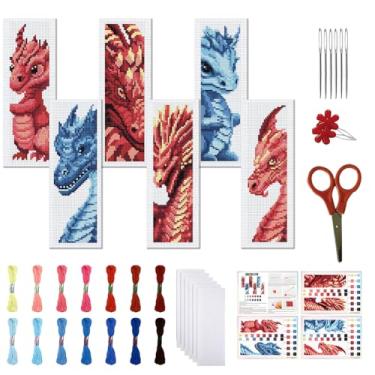 Imagem de FREEBLOSS Conjunto de 6 kits de marcadores de página de ponto cruz com estampa de dragão kit de bordado de 11 CT com instruções para adultos iniciantes 20 x 6 cm
