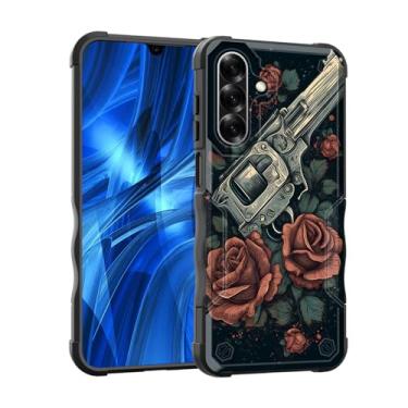 Imagem de EFGWSDER Capa para Galaxy A17 5G, [camada dupla] [proteção contra quedas de grau militar de 3,5 m] Capa resistente à prova de choque para Samsung Galaxy A17 5G 6,7 polegadas 2025, armas e flores rosa