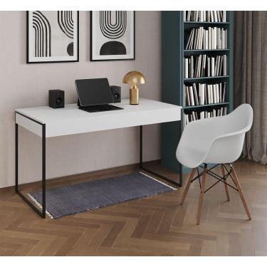Imagem de Escrivaninha Home Office Estilo Industrial Branca 137X53Cm Ferro Preto Com 1 Poltrona Branca