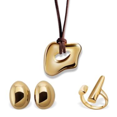 Imagem de STOLM DeSoleil Conjunto de joias de ouro PVD 18K para mulheres – Brincos de aço inoxidável, anel ajustável e colar com pingente em cordão de camurça – Caixa não manchada, pronta para presente, Small