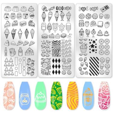 Imagem de Benikmake 3 peças de molde de carimbo de unha de sobremesa sorvete doce estêncil inoxidável para manicure salão de beleza elementos alimentares 6 x 12 cm 6 x 12 cm