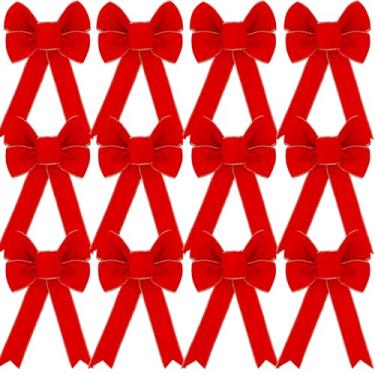 Imagem de Lenwen 12 peças grandes laços vermelhos de veludo de Natal ao ar livre grande guirlanda de árvore de Natal decorativa laços de veludo vermelho para presentes interiores e exteriores festas de Natal