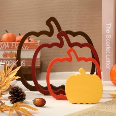 Imagem de Whaline 4 peças de decoração de mesa de madeira de abóbora oca centro de mesa de abóbora rústica bandeja de abóbora em camadas decoração para casa de fazenda, dia de Ação de Graças, mesa de escritório