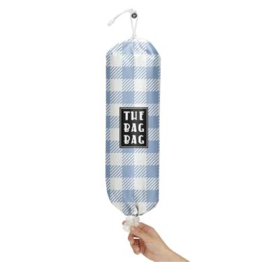Imagem de IHopes+ Suporte de saco de plástico, organizador de sacolas de compras reutilizável e lavável, para decoração de cozinha doméstica, viagem, acampamento, use 1 pacote, padrão xadrez azul e branco