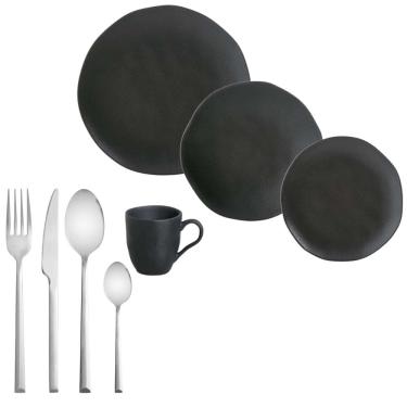 Imagem de Kit Aparelho de Jantar 16 Peças Stoneware Orgânico Preto Porto Brasil + Faqueiro Oslo 16 Peças em Aço Inox da Wolff