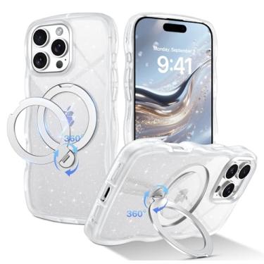 Imagem de QuantumKoo Capa para iPhone 16 Pro com suporte magnético de 360°, capa de celular transparente com glitter fofo ondulado para iPhone 16 Pro compatível com MagSafe, capa à prova de choque para mulheres
