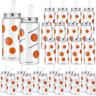 Imagem de Maxdot Pacote com 24 copos de plástico de basquete de 402 g com tampa e canudo copo de basquete a granel com tampa e canudo transparente reutilizável garrafas de suco copo para lembrancinhas de festa