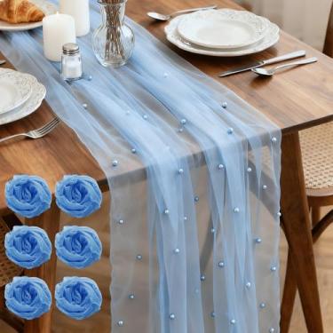 Imagem de Yivioep Pacote com 6 Caminho de mesa de pérola, tecido de tule 79 x 300 cm com pérolas para arco de casamento, festa de aniversário, decoração de chá de bebê, decoração de mesa de sobremesa de véu de
