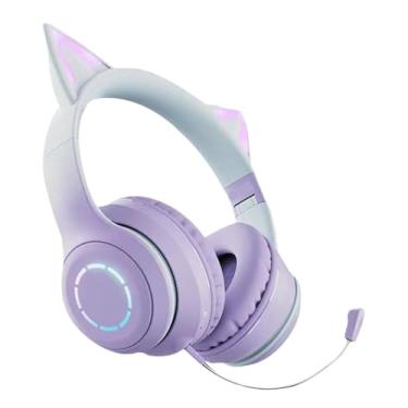 Imagem de Microfone de fones de ouvido com orelha de gato LED, fones de ouvido com orelha de gato iluminados | LED acima fones de ouvido infantis dobráveis sem fio com controle de volume para