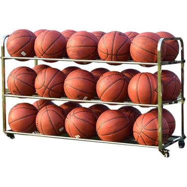 Imagem de FYLFANYAN Carrinho de armazenamento de bola esportiva com rodinhas de 3 camadas, suporte organizador de equipamentos de basquete dupla face de aço, rodas bloqueáveis ~ /