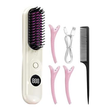 Imagem de Alisador de cabelo sem fio | Pente de carregamento USB anti-frizz - Alisador de cachos portátil de 3 temperaturas para cabelos secos molhados curtos e finos e grossos para salão de beleza doméstico