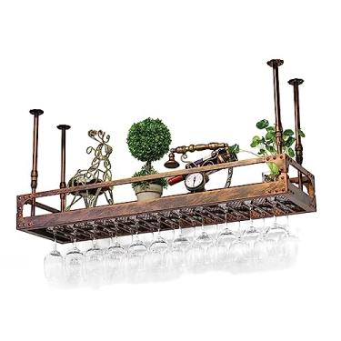 Imagem de Suporte para copos de vinho montado na parede, suporte para copos de vinho de teto - altura ajustável de 30 a 60 cm, armário de rack de vinho pendurado em cobre - perfeito para bar café e cozinha
