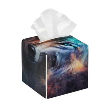 Imagem de Capa quadrada de couro para caixa de lenços de papel, impermeável, animal, galáxia, lobo, organizador de papel facial com cinto inferior, estojo de lenços para mesa, banheiro, escritório, mesa, carro
