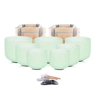 Imagem de Hye-eun Conjunto de 7 tigelas de cristal de cristal 432hz com chacra de quartzo fosco verde menta com 2 bolsas de transporte para limpeza e alívio do estresse - Mindfulness espiritual