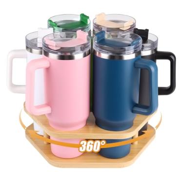 Imagem de Organizador de copos para copo Stanley de 1,134 g, suporte giratório de copo, organizador de garrafa de água e armazenamento para bancada de cozinha de madeira