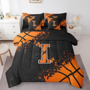 Imagem de Erosebridal Jogo de cama solteiro de basquete - cama personalizada I em uma bolsa, conjunto de edredom com tema esportivo, conjunto de cama com lençóis, preto e laranja, 7 peças, decoração de quarto