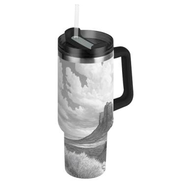 Imagem de Blueangle Copo caubói americano de 850 g com alça e tampa de palha, caneca de viagem de aço inoxidável isolada a vácuo de parede dupla, garrafa de água reutilizável para academia de escritório ao ar