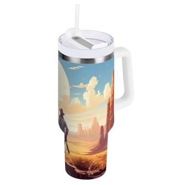 Imagem de xigua Copo vintage Western Cowboy de 1,134 g com tampa e canudo, aço inoxidável de vácuo duplo isolado garrafa de água esportiva suporte para copo de café de viagem à prova de vazamento para bebida