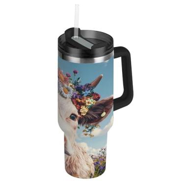 Imagem de SEHANY Copo Highland Cow de 850 g com tampa e canudo, aço inoxidável de vácuo duplo isolado garrafa de água esportiva suporte para copo de café de viagem à prova de vazamento para bebida gelada