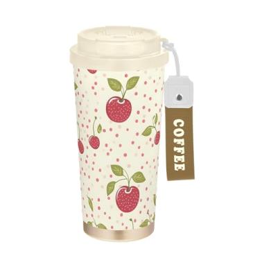 Imagem de SEHANY Caneca de viagem de cereja fofa de 482 g Copos de café reutilizáveis revestidos de cerâmica com tampa à prova de vazamento, parede dupla, isolamento a vácuo, copo de café de aço inoxidável para