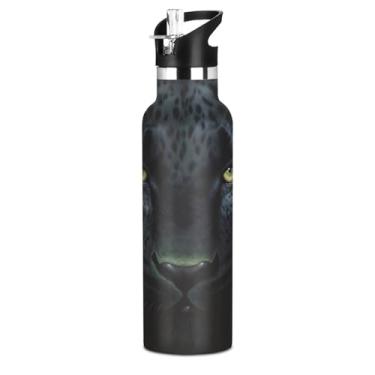 Imagem de Blueangle Garrafa de água de 590 ml com canudo - Garrafa de água esportiva de aço inoxidável sem BPA, design Black Panther à prova de vazamento para academia, atividades ao ar livre, escritório e