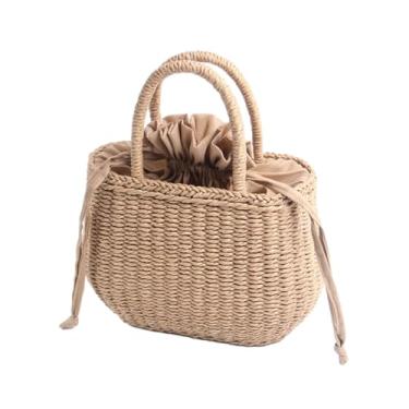 Imagem de GK-O Bolsa feminina retrô de tecido de palha para cesta de vime, feita à mão, com forro de cordão, bolsa de verão e praia, casual, estilo boho