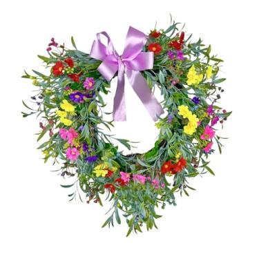 Imagem de Baoblaze Guirlanda de flores em forma de coração com laço, guirlanda de gipsófila para porta de entrada, ideal para a primavera, Roxo Claro