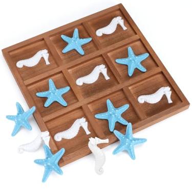 Imagem de Wooden Tic Tac Toe Game - 7 Resin White Seahorse and 7 Blue Starfish, Ultimate Family Travel Beach Game Age of 3-12