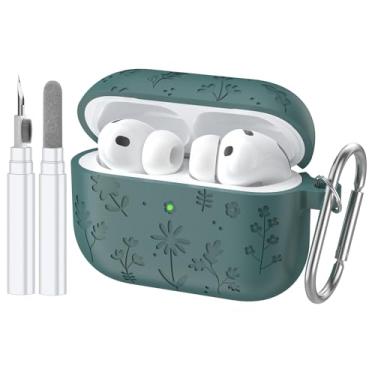 Imagem de Capa protetora para AirPods Pro 3, capa protetora de silicone premium gravada com flor fofa para Airpods Pro 3ª geração 2025 (verde escuro, para capa AirPod Pro 3)