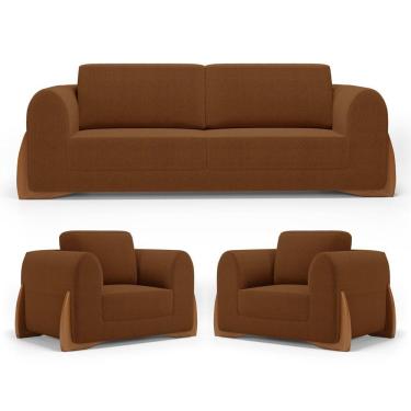 Imagem de Kit 02 Poltronas E 01 Sofá Bloom 180cm 02 Lugares Com Pés De Madeira Bouclê Terracota - Abmaza