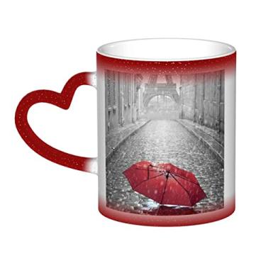Imagem de Torre Eiffel Paris Rua Guarda-chuva Vermelho Divertido Xícara de Café, Copo de Cerâmica Mágica Sensível ao Calor Mudança de Cor 12 Oz, Para Café/Chá/Leite/Cacau, Para Adolescentes/Aniversário/Festival
