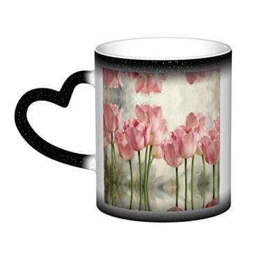 Imagem de Copo de café divertido de tulipas rosa, copo de cerâmica com mudança de cor sensível ao calor 12 Oz, para café/chá/leite/cacau, para adolescente/aniversário/festival/presentes