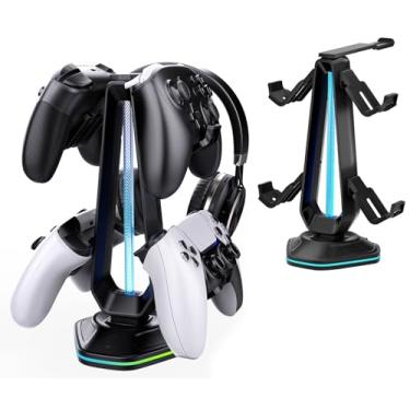 Imagem de Oritikur Suporte de fone de ouvido RGB com 9 modos de luz e 2 portas de carregamento USB – suporte de controle para mesa – suporte de fone de ouvido e gancho removível para controle de PC e acessórios