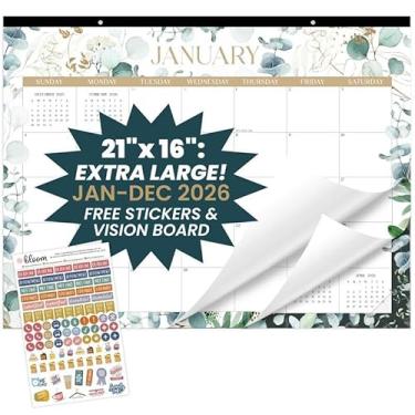 Imagem de bloom daily planners Calendário de mesa 2026 – Calendário de parede grande de janeiro a dezembro – 53 cm x 40 cm para mesa e agenda mensal suspensa com adesivos para casa ou escritório – Verde