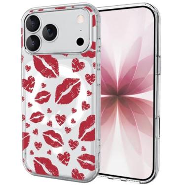 Imagem de OFQKOAKS Capa para iPhone 16 Pro Max, compatível com MagSafe, capa de telefone com design magnético de coração com lábios vermelhos e doces, capa protetora transparente e macia para mulheres e meninas