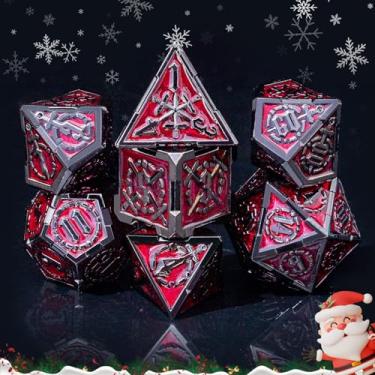 Imagem de Rolledomain Metal DND Dice Set, Warblade Designed Heavy Metal Dice Set with Giftable Dice Case, Perfect for D&D Dungeons and Dragon TTRPG Role Playing Table Games (Crimson Red with Dark Gray Accents)