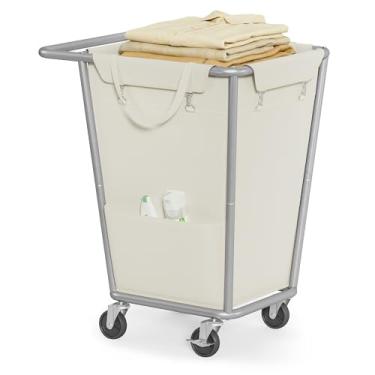 Imagem de SONGMICS Cesto de lavanderia com rodas, 130 L, cesto de roupa suja com bolsa removível, estrutura de aço resistente, branco creme URLS008W01